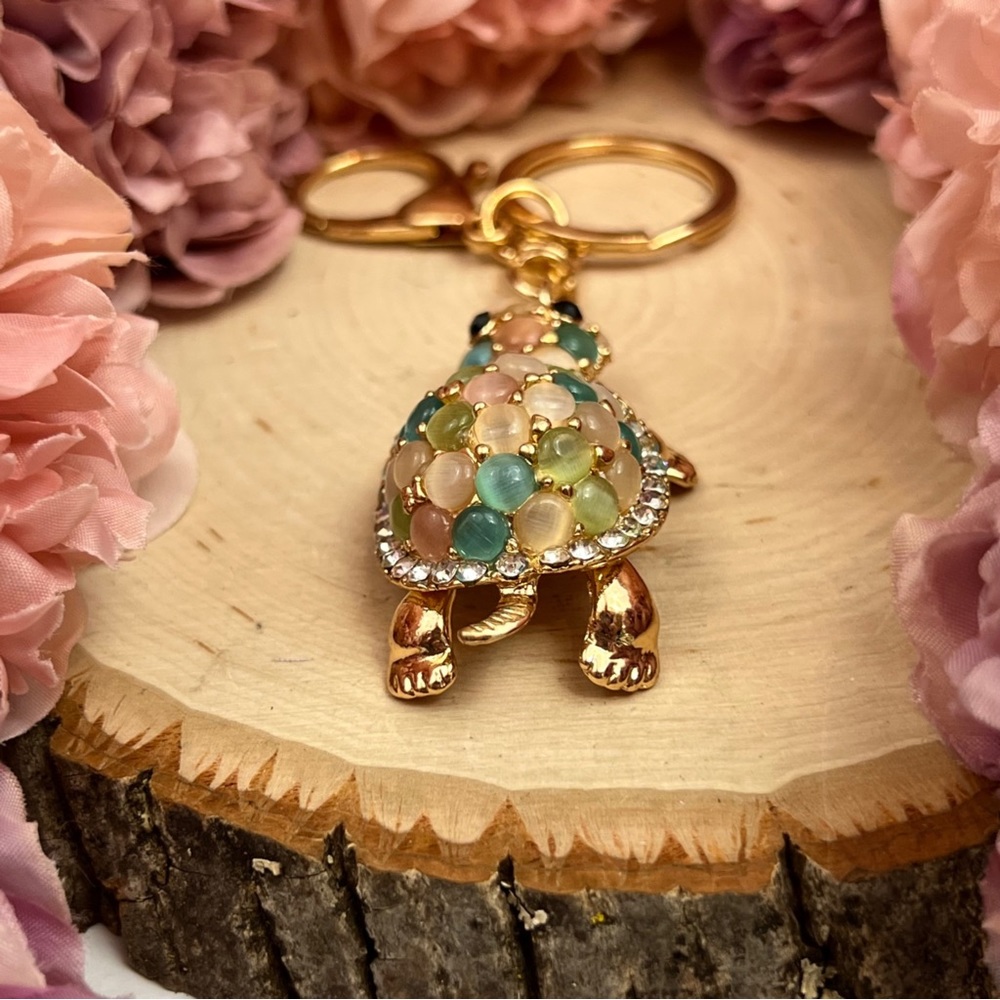 Gorgeous Crystal and Beaded Pastel Turtle Keychain Charm - Picture 12 of 16